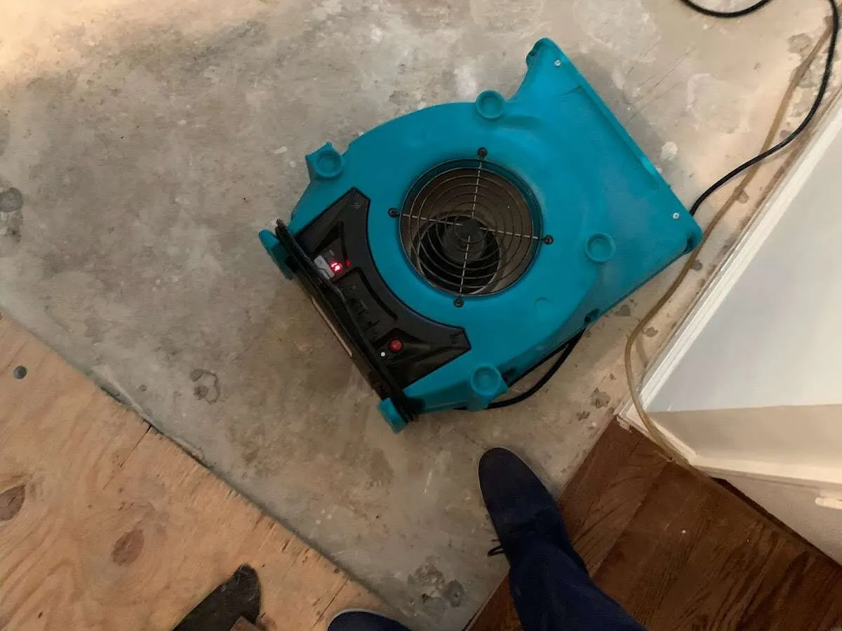 Air mover drying subfloor during Commercial Water Damage Restoration in Ontwa